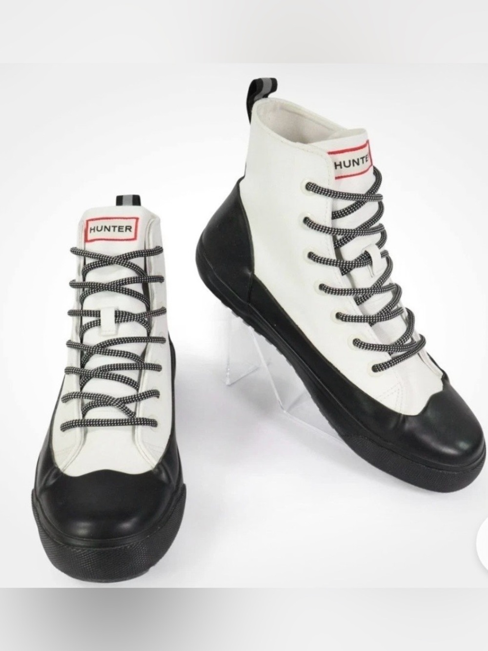 Hunter Men’s White and Black High-Top Sneakers with Logo Patch